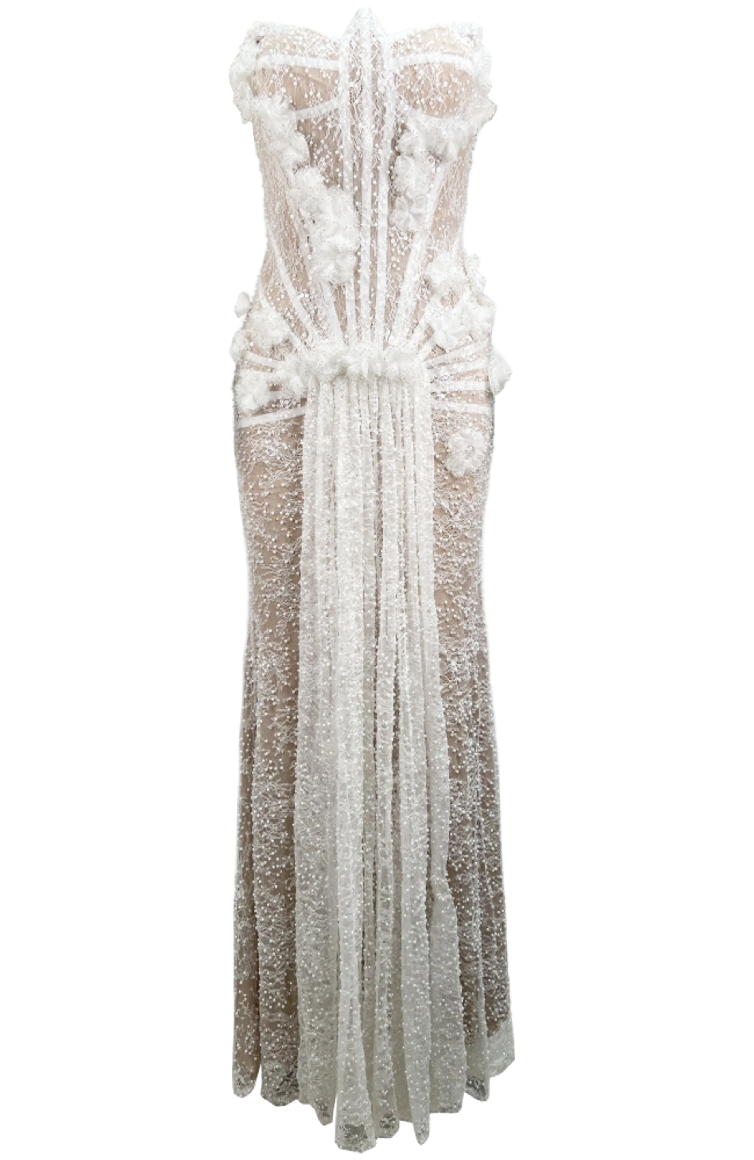 Kexar Strapless Pearl Sequin Lace Corset Maxi Dress In White