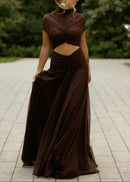 Farrux Draped Mesh A Line Maxi Dress In Brown