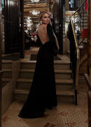 Meghyn Long Sleeve Draped Backless Maxi Dress In Black