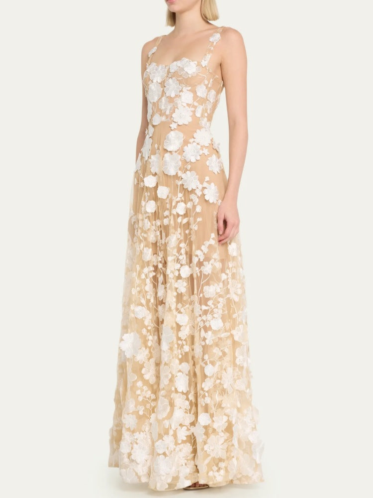 Llewyn Floral Embroidered Sleeveless Tulle Maxi Dress