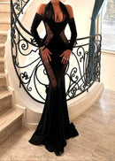 Brielle Long Sleeve Halter Lace Maxi Velvet Dress In Black