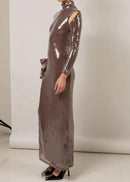 Kalindi Bow Detail Sequin Maxi Dress In Brown