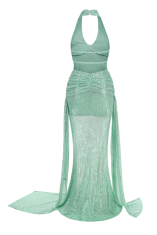 Orenthal Cowl Backless Sequin Maxi Dress In Green