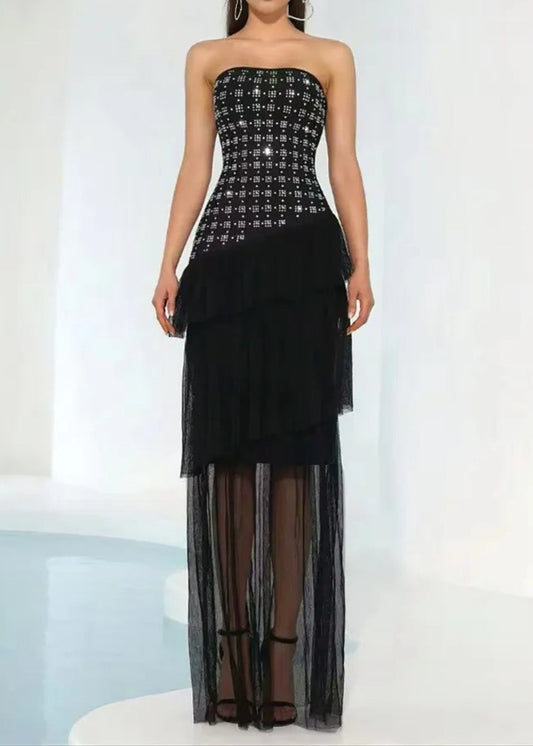 Syvanna Strapless Crystal Ruffle Maxi Dress In Black