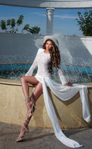 Jyrithia Long Sleeve Draped Sequin Lace Mini Dress In White