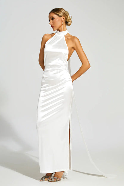 Halcyon Satin Belt Backless Pearl Embellished Maxi Dress In White