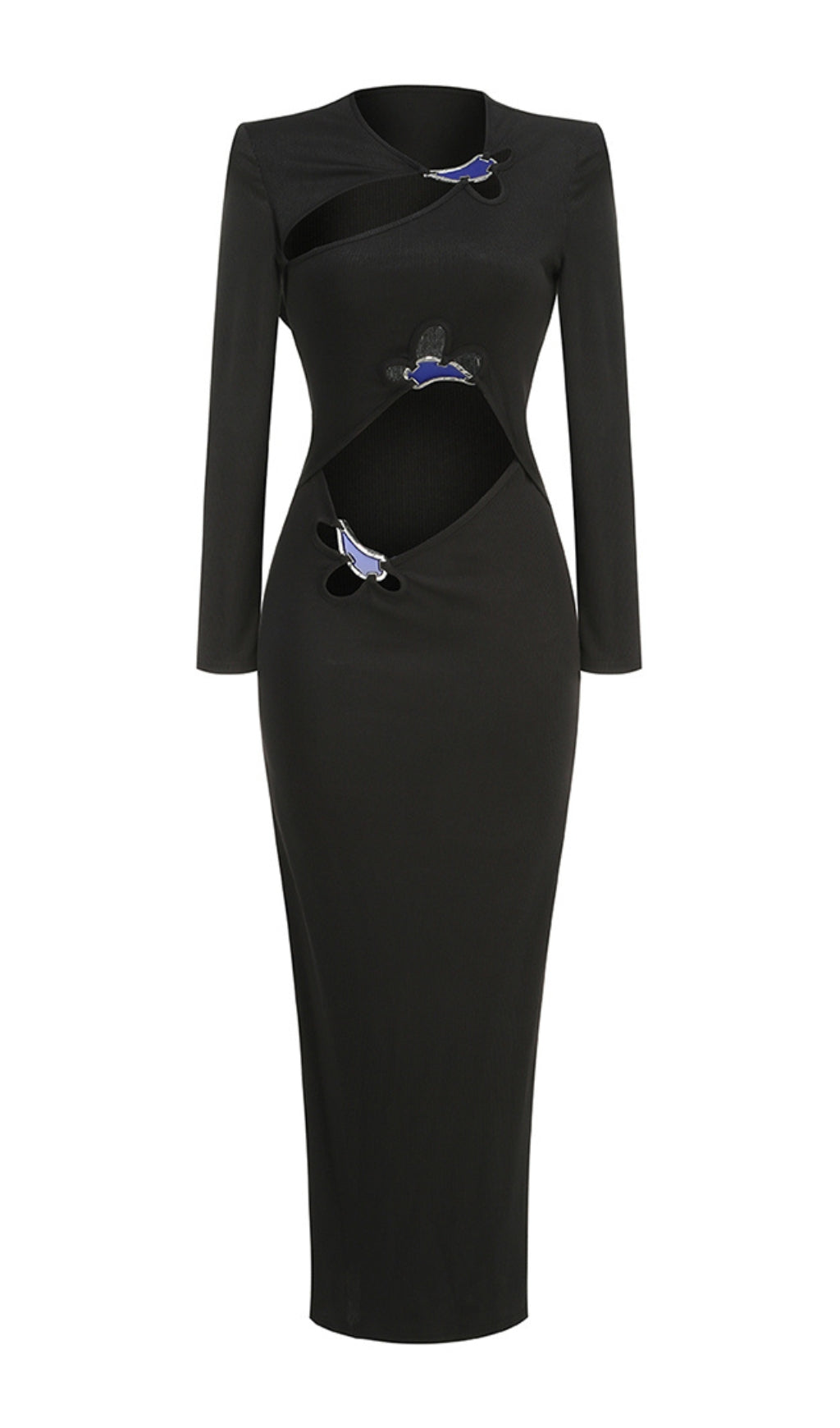 Katie Long Sleeve Cutout Ribbed Maxi Dress In Black