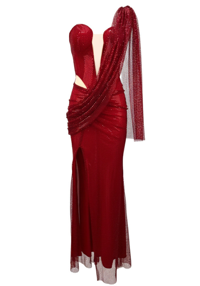 Finley One Shoulder Draped Sparkly Maxi Dress In Red