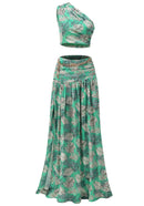 Saahira One Shoulder Floral Two Piece Maxi Dress In Green