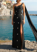 Vazvara One Shoulder Crystal Detail Maxi Dress In White