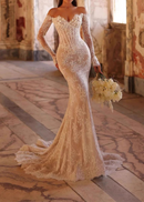 Pakpao Long Sleeve Floral Bustier Lace Maxi Dress In White Nude