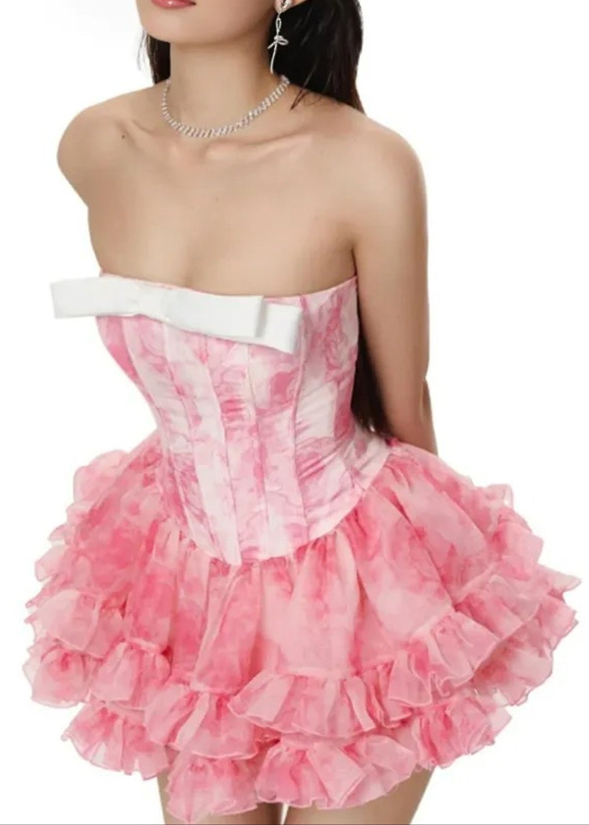 Hexor Strapless Floral Bow Ruffle Three Piece Dress In Pink