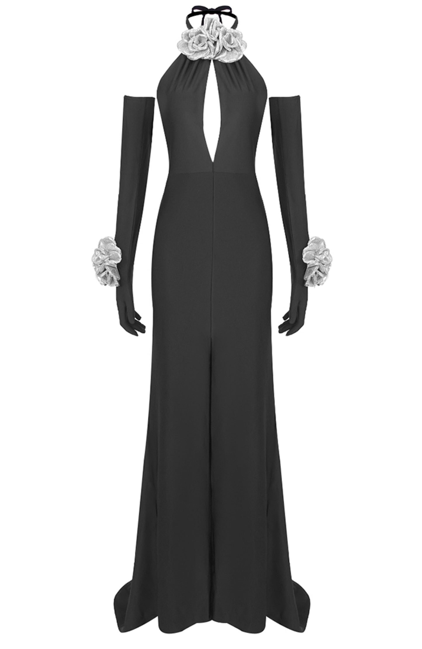 Amanda Halter Flower Detail Maxi Dress In Black