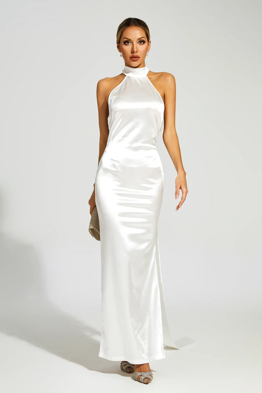 Halcyon Satin Belt Backless Pearl Embellished Maxi Dress In White