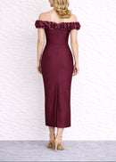 Battista Floral Bardot Midi Dress In Burgundy