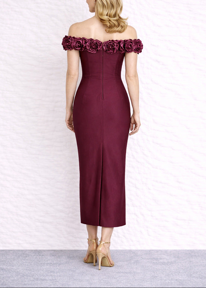 Battista Floral Bardot Midi Dress In Burgundy