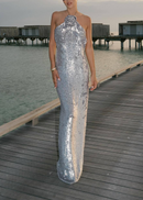 Devrim Floral-Appliqué Sequin Maxi Dress In Silver