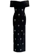 Thalyss Draped Bardot Crystal Maxi Dress In Black