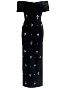 Thalyss Draped Bardot Crystal Maxi Dress In Black