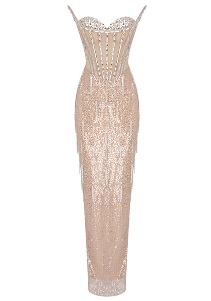 Chrishauna Strapless Crystal Corset Sequin Maxi Dress In Gold