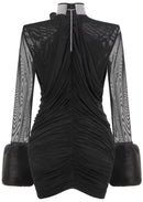 Aevorix Long Sleeve Fur Floral Mini Dress In Black