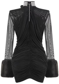 Aevorix Long Sleeve Fur Floral Mini Dress In Black