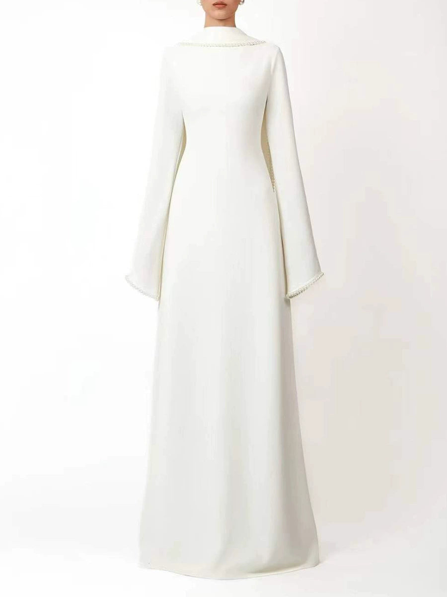 Emilie White Pearl Trim Shawl Detail Maxi Dress