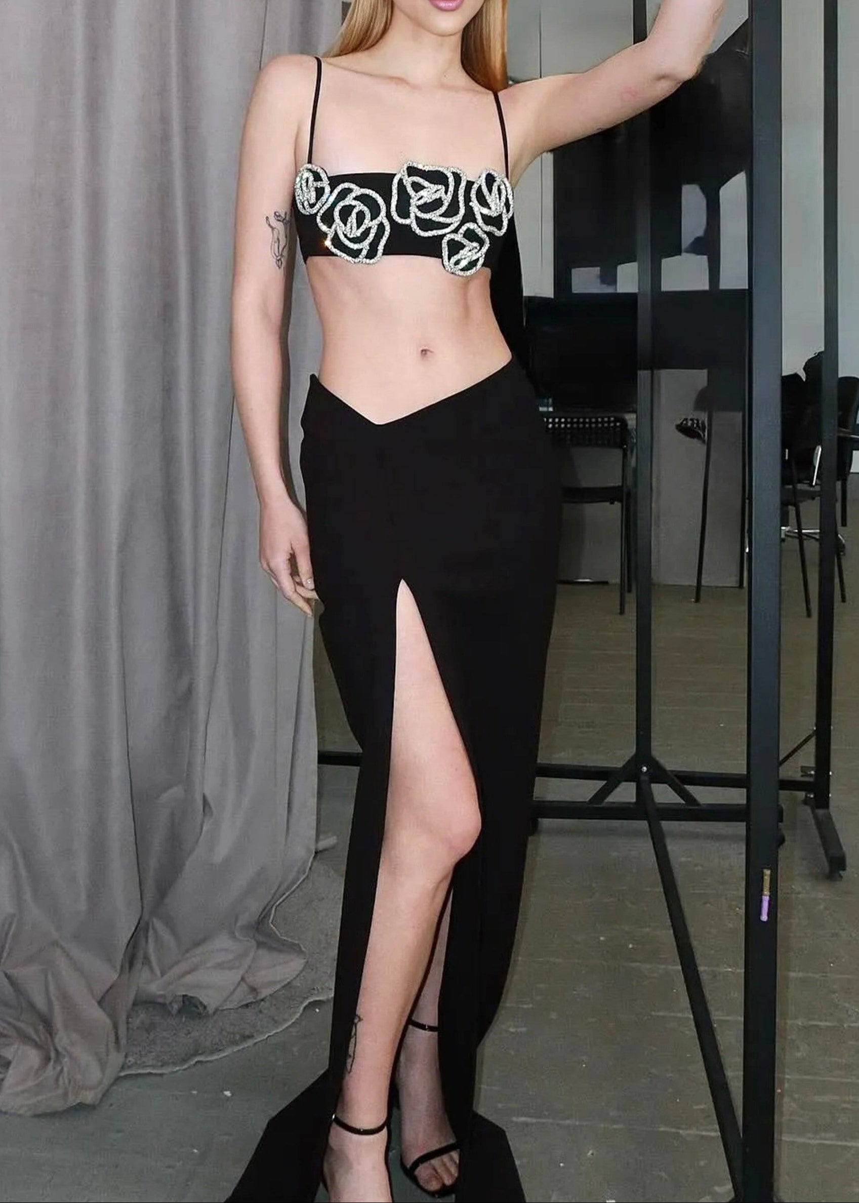 Orville Crystal Floral Two Piece Maxi Dress In Black