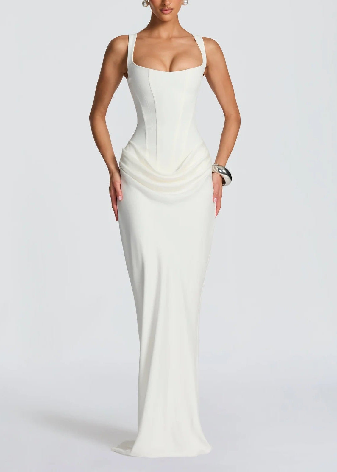 Feyza Corset Draped Maxi Dress In White