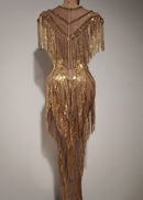 Doly Fringe Sequin Crystal Maxi Dress In Gold