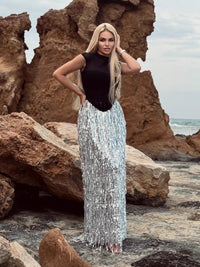 Jonix Mesh Tassel Sequin Long Skirt Set