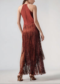 Natesa Halter Tassel Maxi Dress In Brown