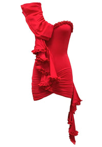 Azhira One Shoulder Ruffle Mini Dress In Red