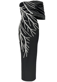 Hyrion Bardot Crystal Pearl Maxi Dress In Black