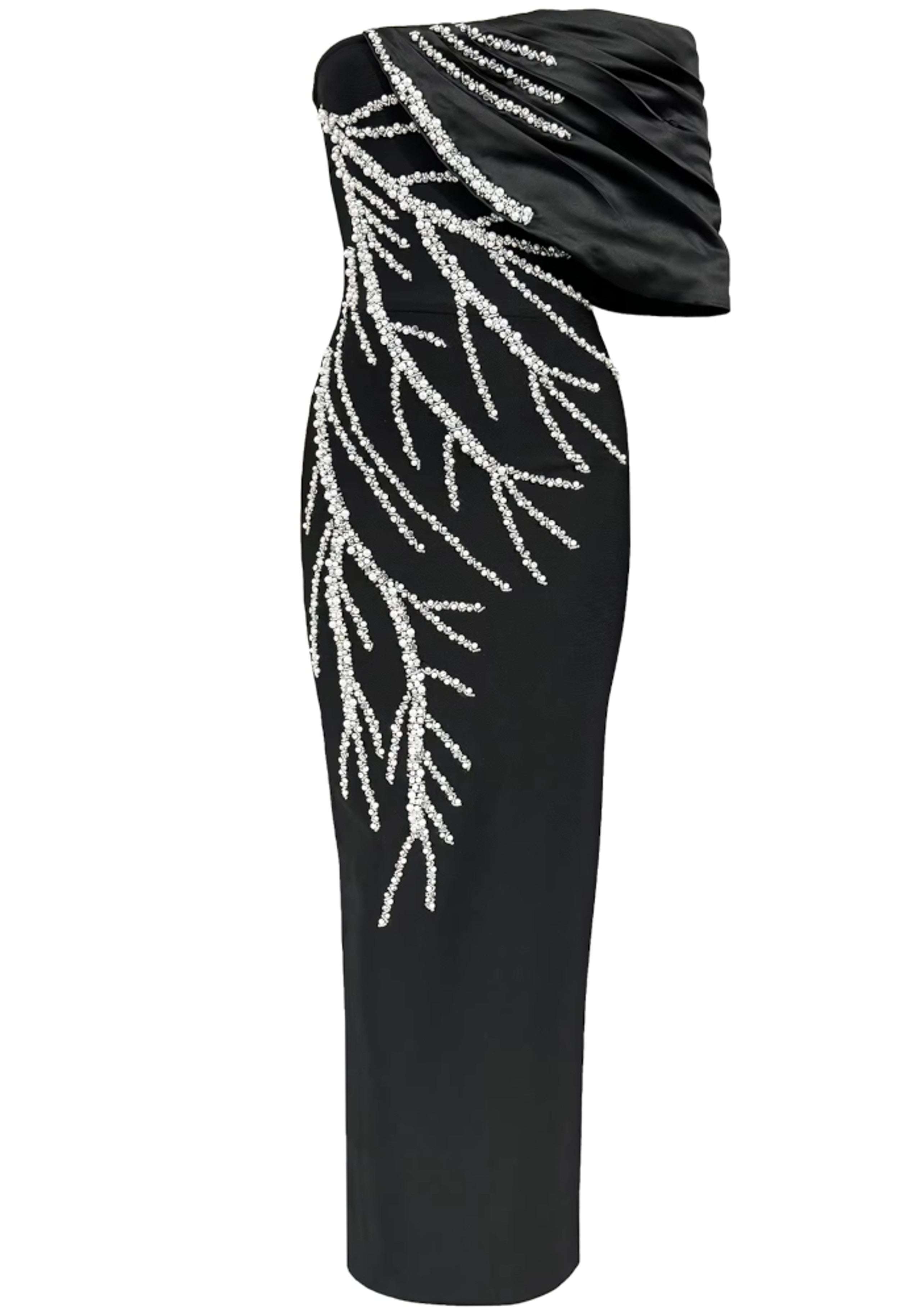 Hyrion Bardot Crystal Pearl Maxi Dress In Black