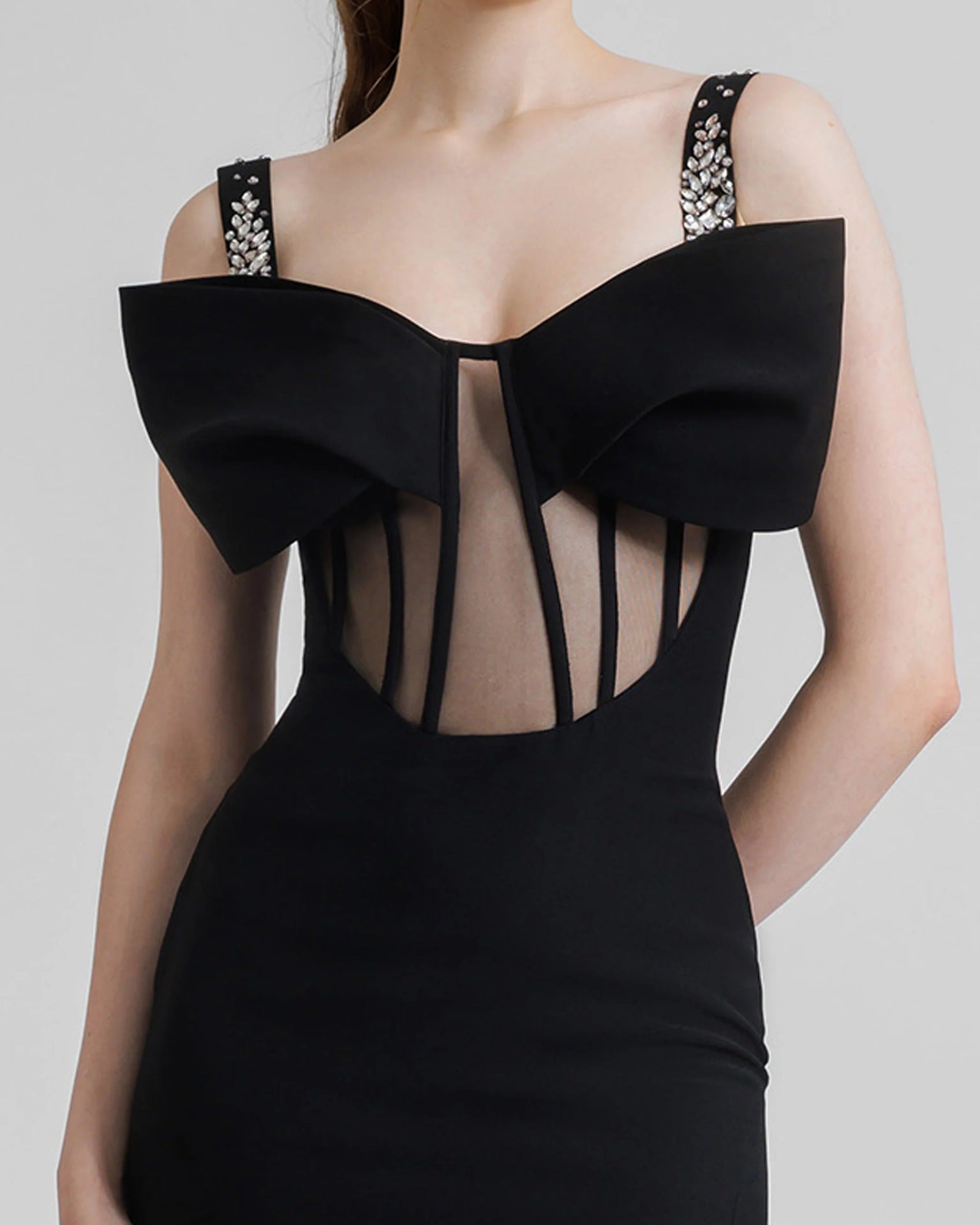 Veerle Bow Bustier Structured Mesh Maxi Dress In Black