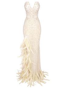 Daviel Strapless Crystal Sequin Feather Maxi Dress In Ivory