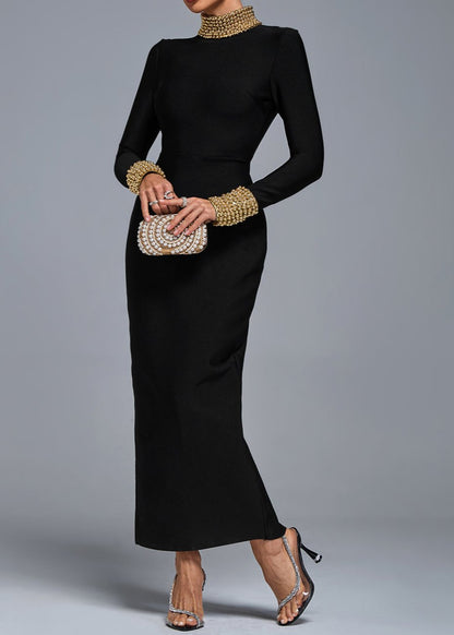 Chiara Long Sleeve Gold Bead Bandage Midi Dress In Black