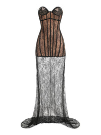 Ekram Strapless Lace Bustier Maxi Dress In Black