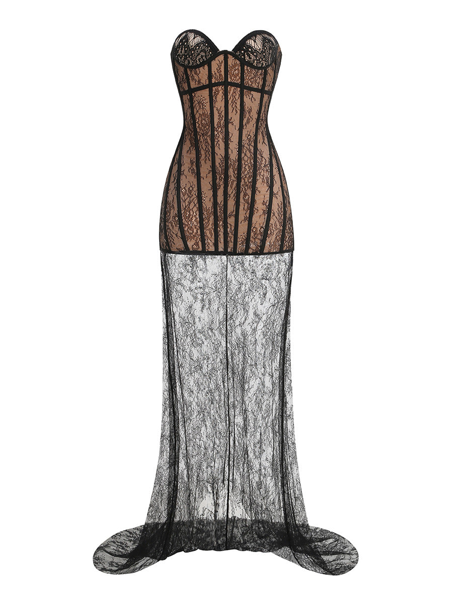 Ekram Strapless Lace Bustier Maxi Dress In Black