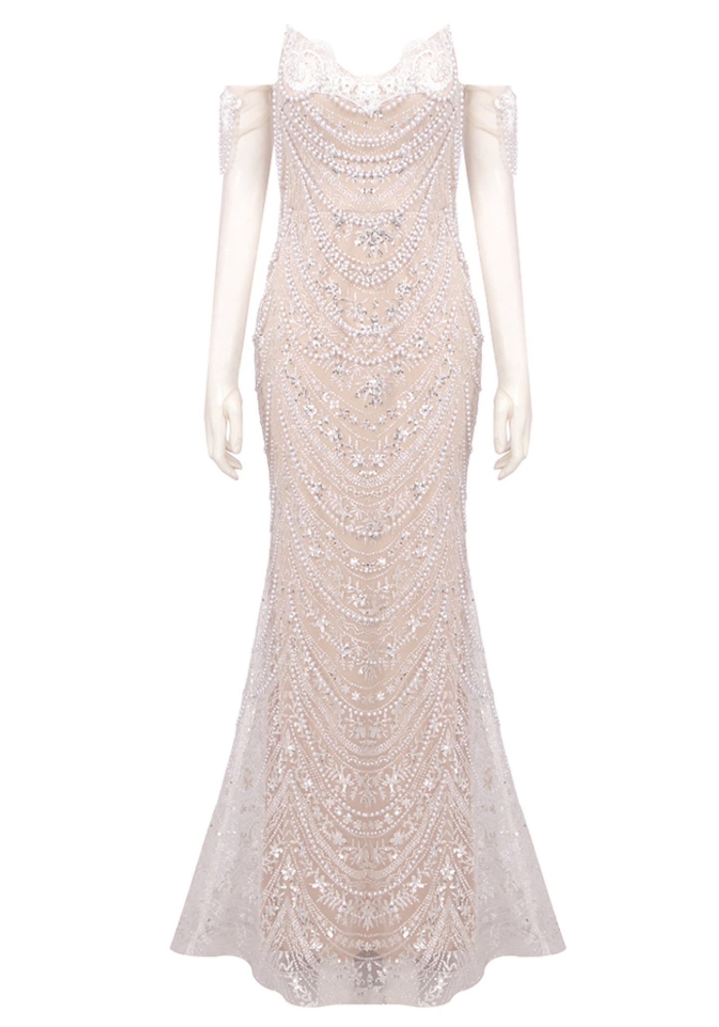 Dalida Strapless Pearl Crystal Lace Maxi Dress In White