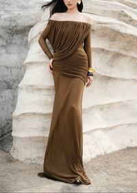 Cryxel Off-Shoulder Draped Mesh Maxi Dress In Brown