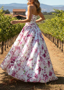 Isograph Strapless Ruched Floral Puff Maxi Dress In White Pink