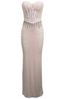Zexmir Strapless Bustier Crystal Sequin Maxi Dress In Pink