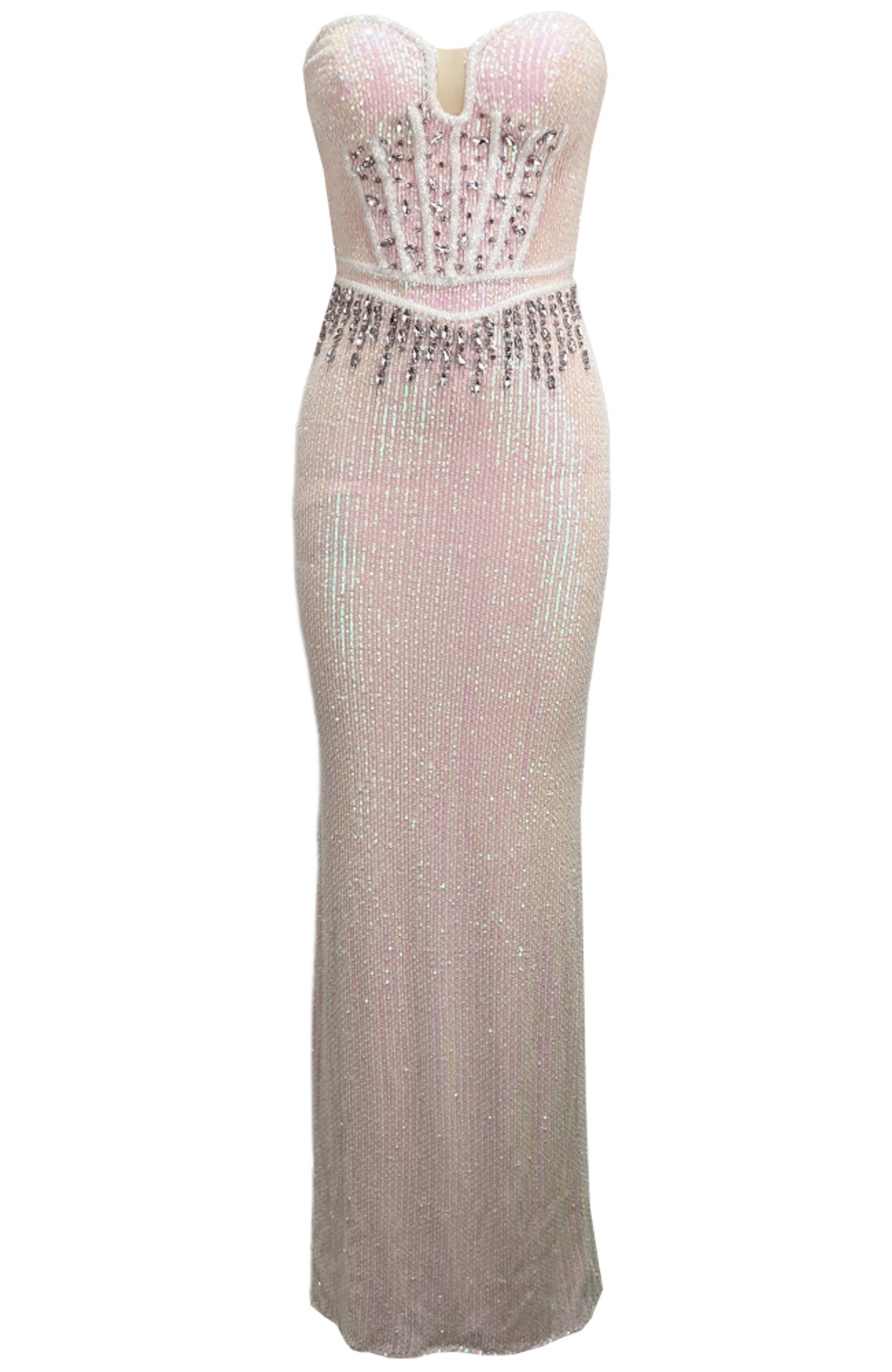 Zexmir Strapless Bustier Crystal Sequin Maxi Dress In Pink