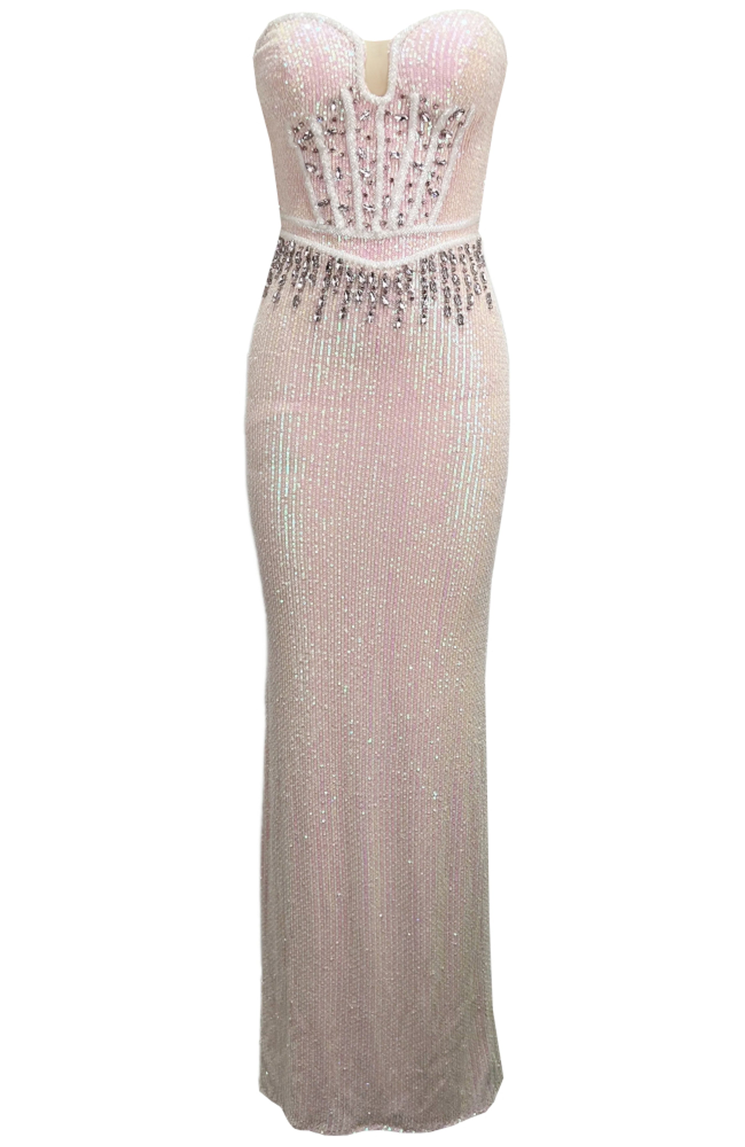 Zexmir Strapless Bustier Crystal Sequin Maxi Dress In Pink