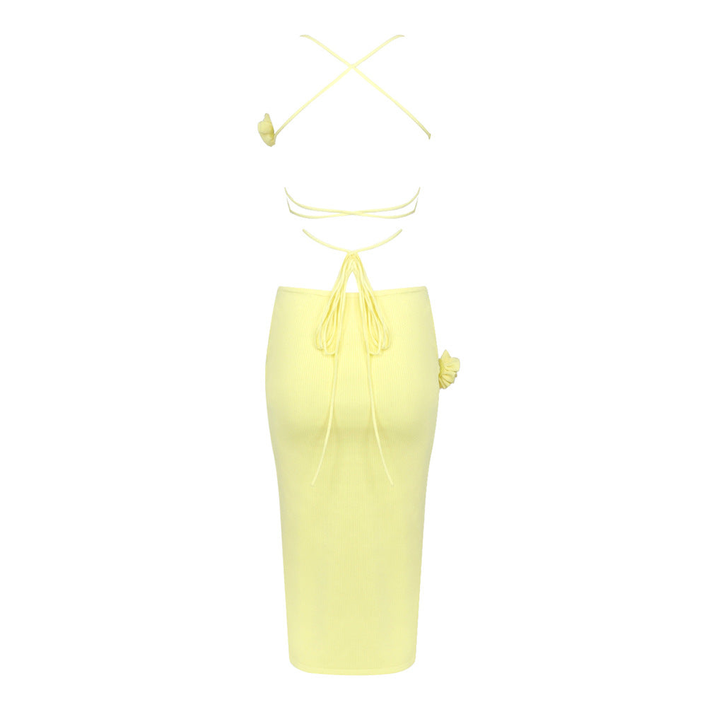Petal Backless Lace-Up Knitted Dress In Yellow