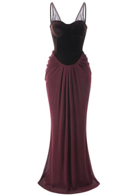 Cazmir Velvet Bustier Draped Maxi Dress In Brown