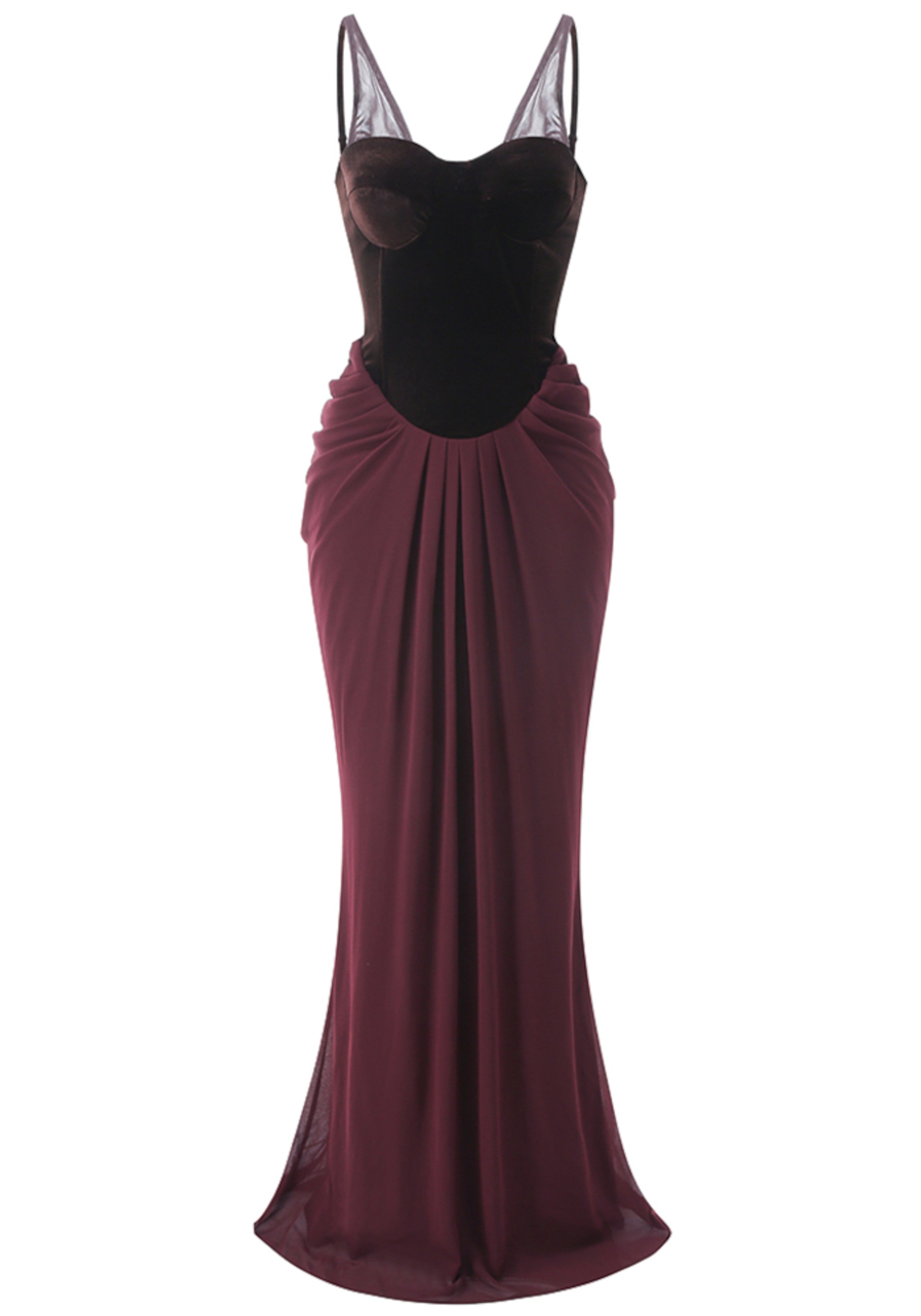 Cazmir Velvet Bustier Draped Maxi Dress In Brown