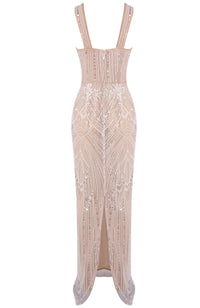 Ozron Crystal Pearl Sequin Maxi Dress In Nude